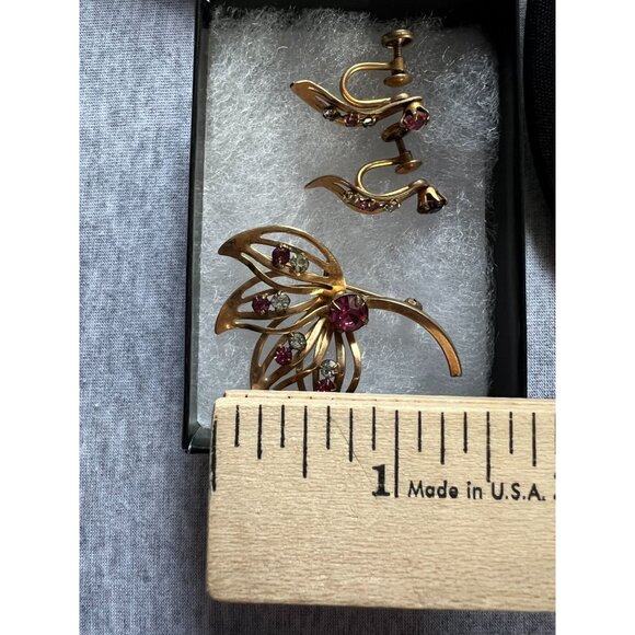 Vintage 50s GF Floral Brooch Earring Set 1/20 12K Rose Gold Filled Pink Clear St - Picture 7 of 10